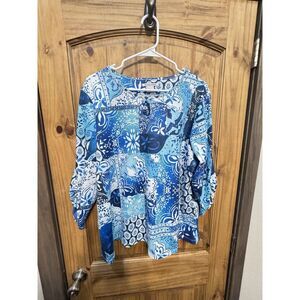 Allison Daley Women's Cold Shoulder Damask Print Top Blue Size XL‎
